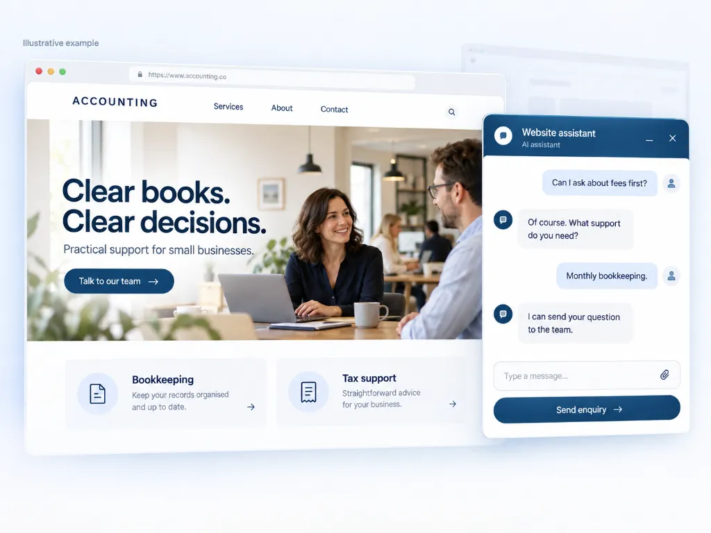 Example accounting website with an AI chat about fees and an enquiry.