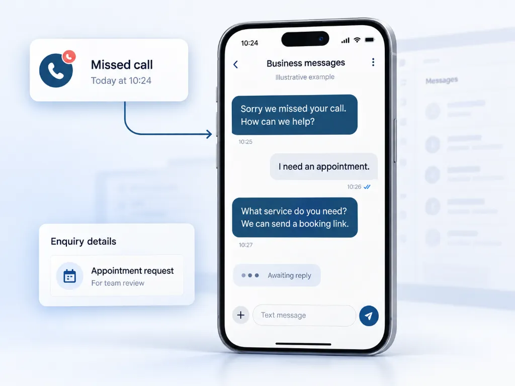 Example missed-call notice leading into a business text conversation.