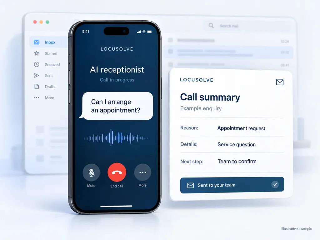 Illustrative AI receptionist call with an email summary for the business team.