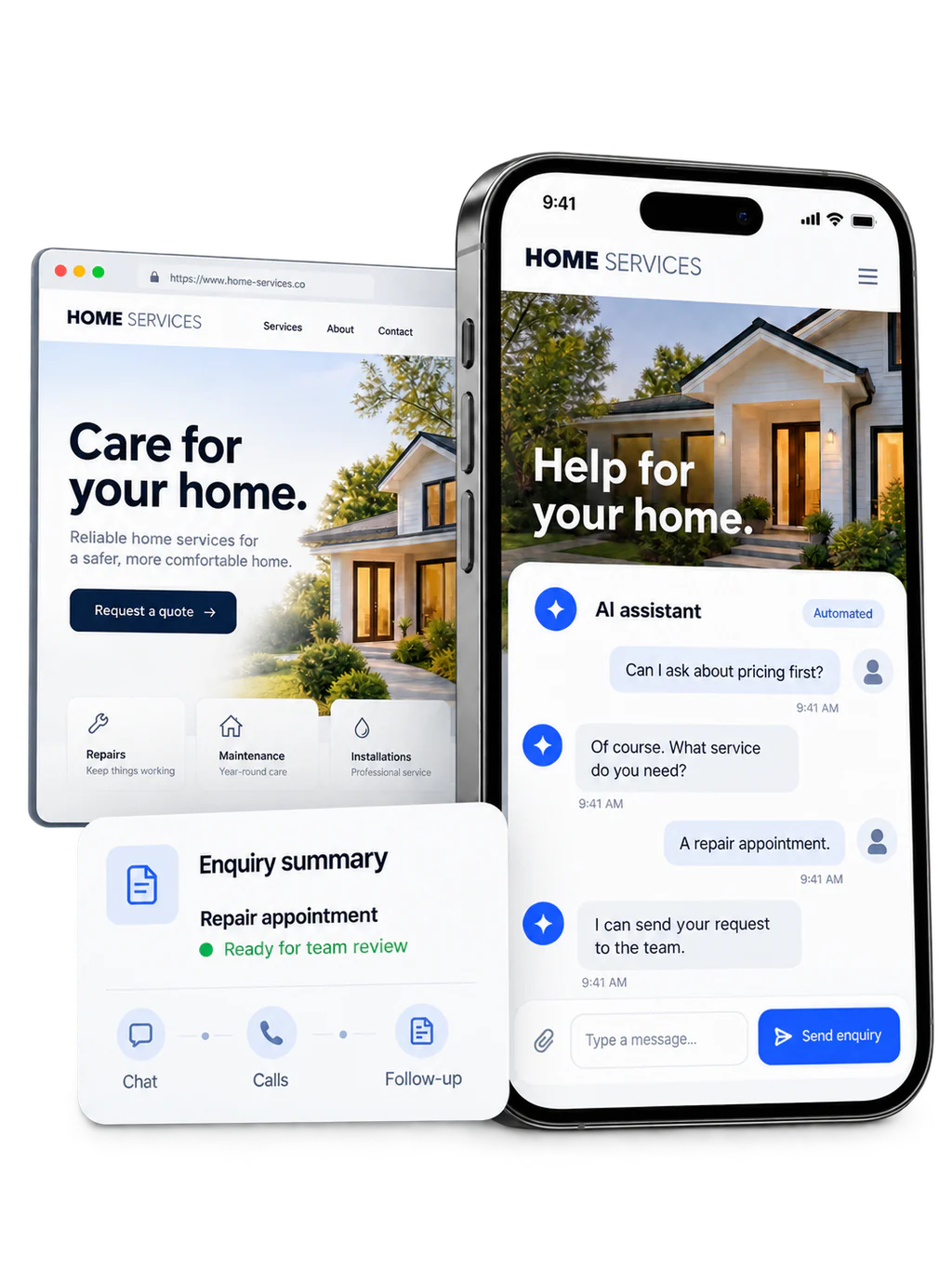 Illustrative service-business website and phone with an AI assistant conversation and an enquiry summary ready for team review.