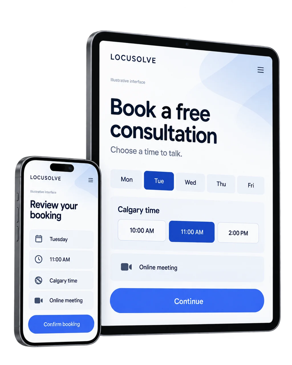 Example meeting booking interface with time selection and booking review.