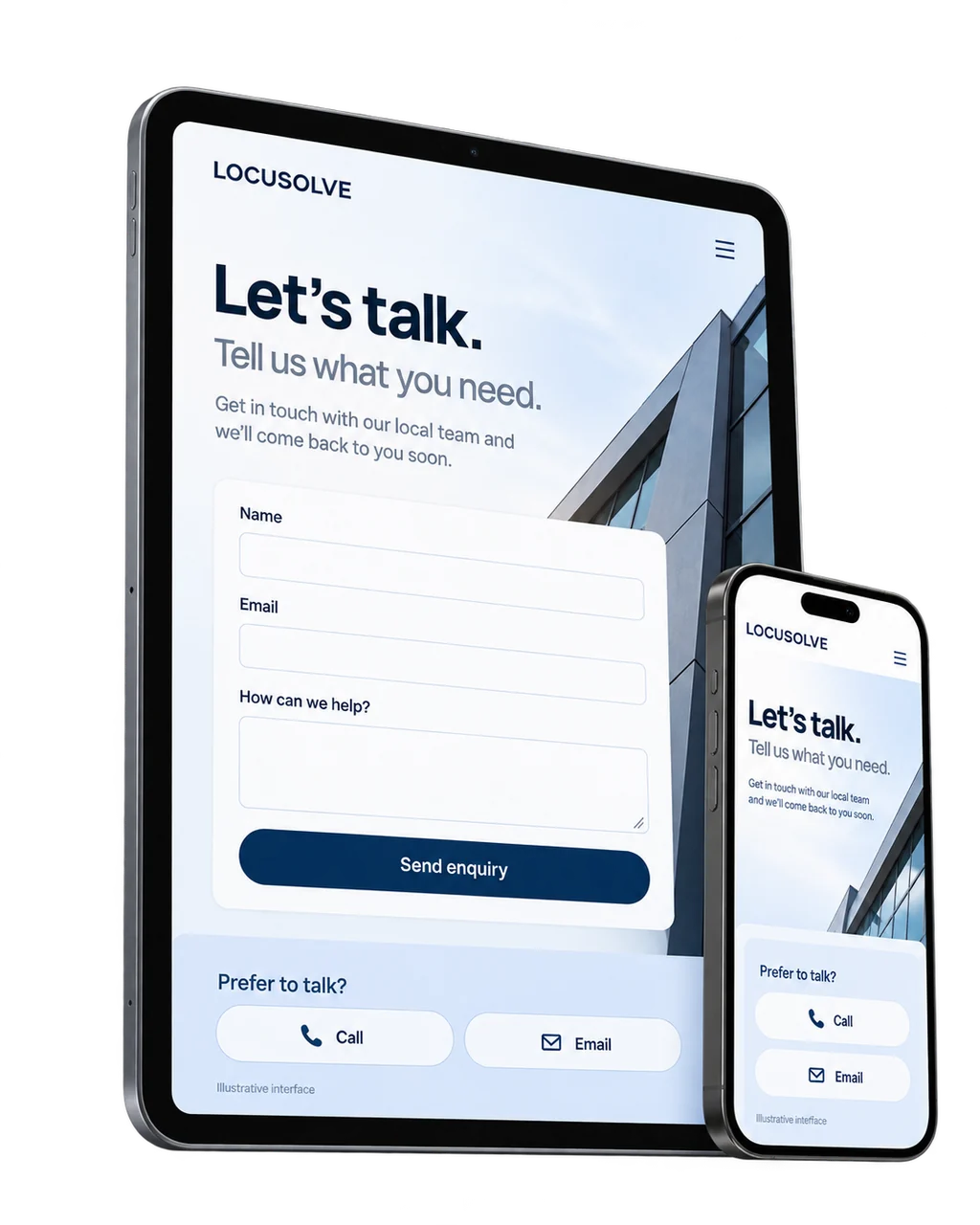Illustrative LOCUSOLVE enquiry form with call and email options on a tablet and phone.