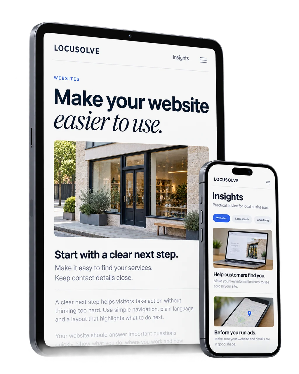 Example LOCUSOLVE article page and mobile blog index with practical business advice.