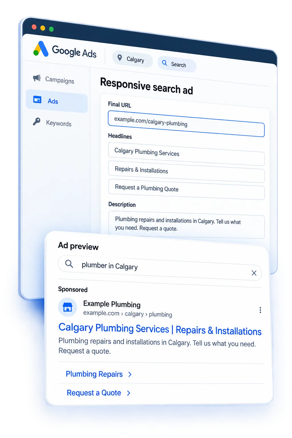 Illustrative Google Ads editor and preview for a Calgary plumbing service.