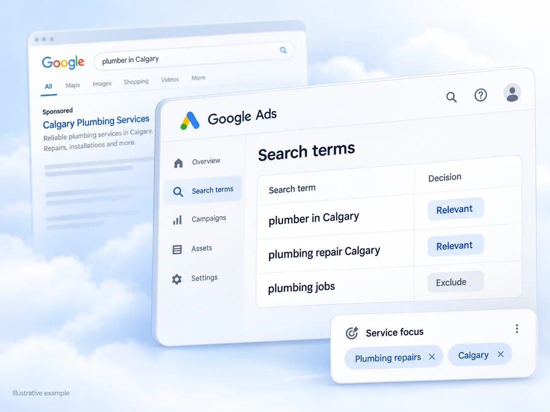 Illustrative search-term review separating relevant Calgary plumbing searches from job searches.