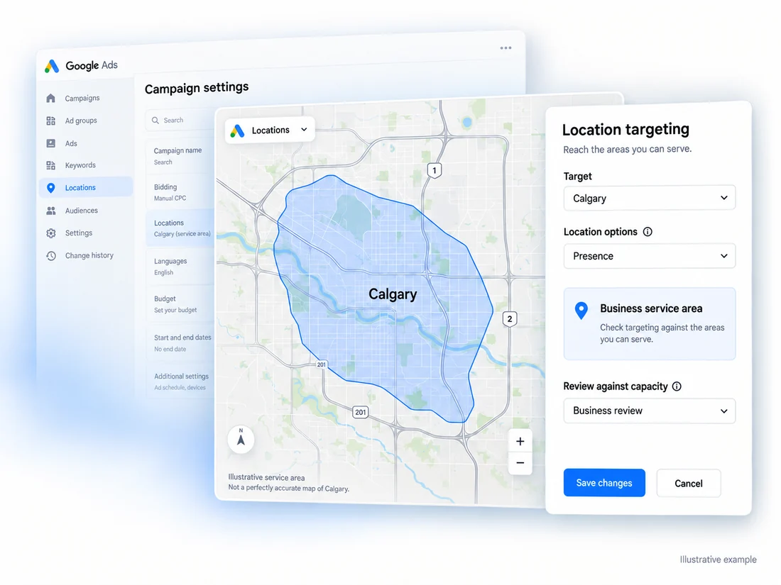 Illustrative Calgary service-area map beside Google Ads location settings.
