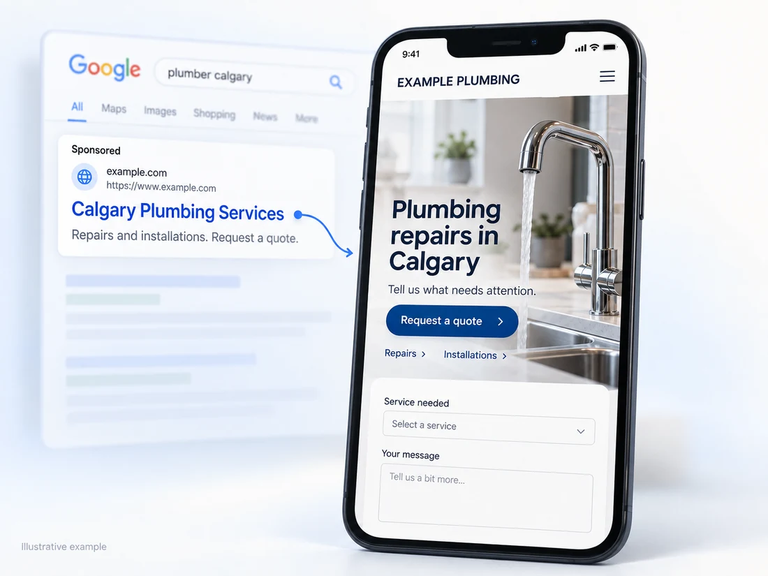 Example Calgary plumbing search ad leading to a matching mobile landing page.