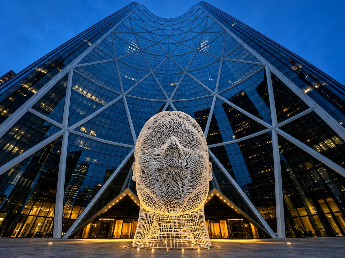The Wonderland wire-mesh head sculpture lit up at dusk in front of the Bow tower in downtown Calgary.