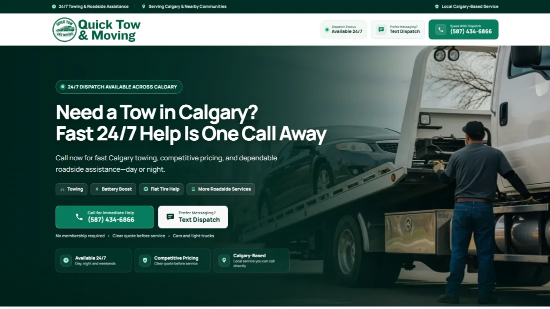 Homepage of the Quick Tow and Moving website.