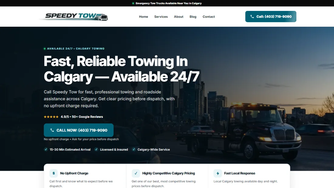 Homepage of the Speedy Tow website.