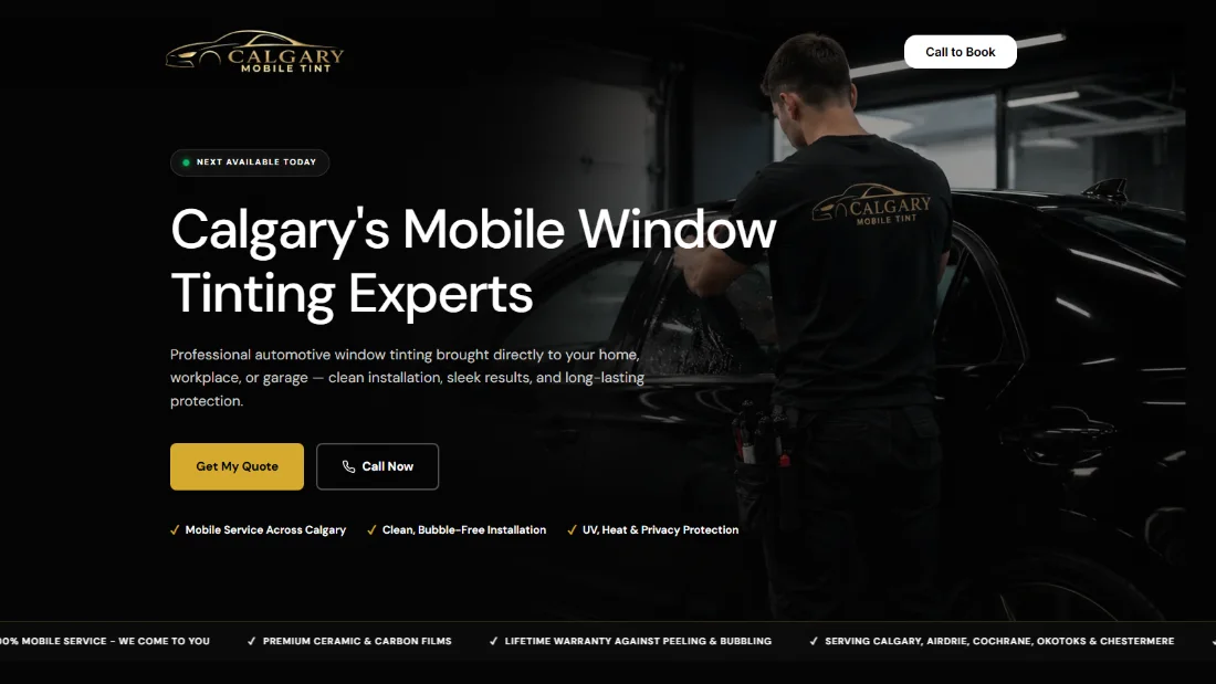 Homepage of the Calgary Mobile Tint website.