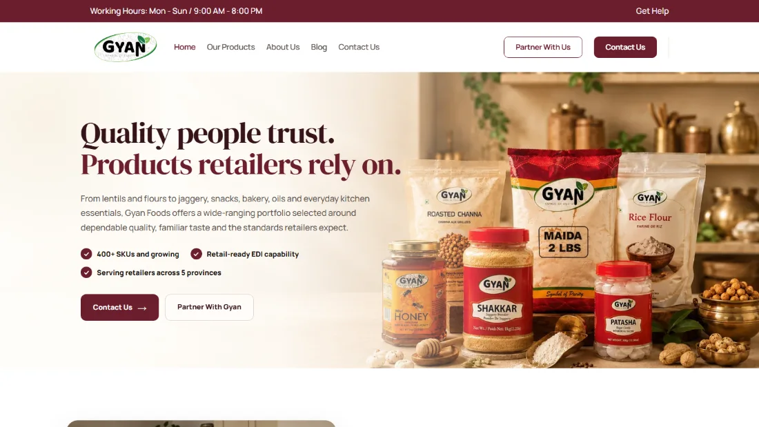 Homepage of the Gyan Foods website.