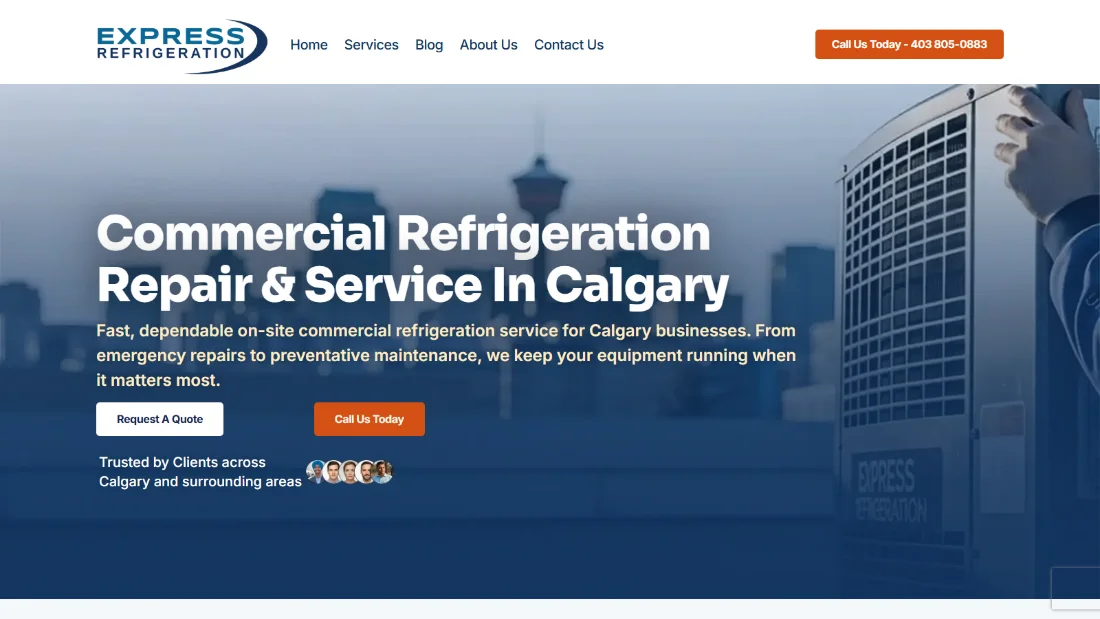 Homepage of the Express Refrigeration website.