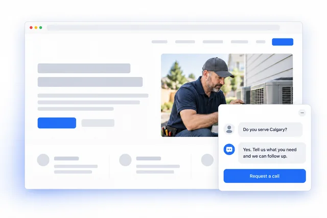 A local service website with a short chat question about Calgary and a call request.