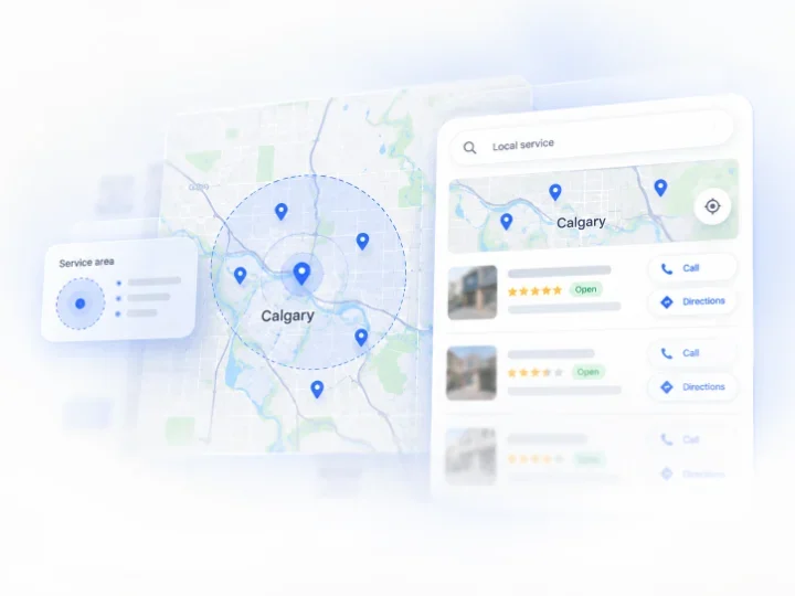 A Calgary map with a service area beside local search results with call and directions buttons.