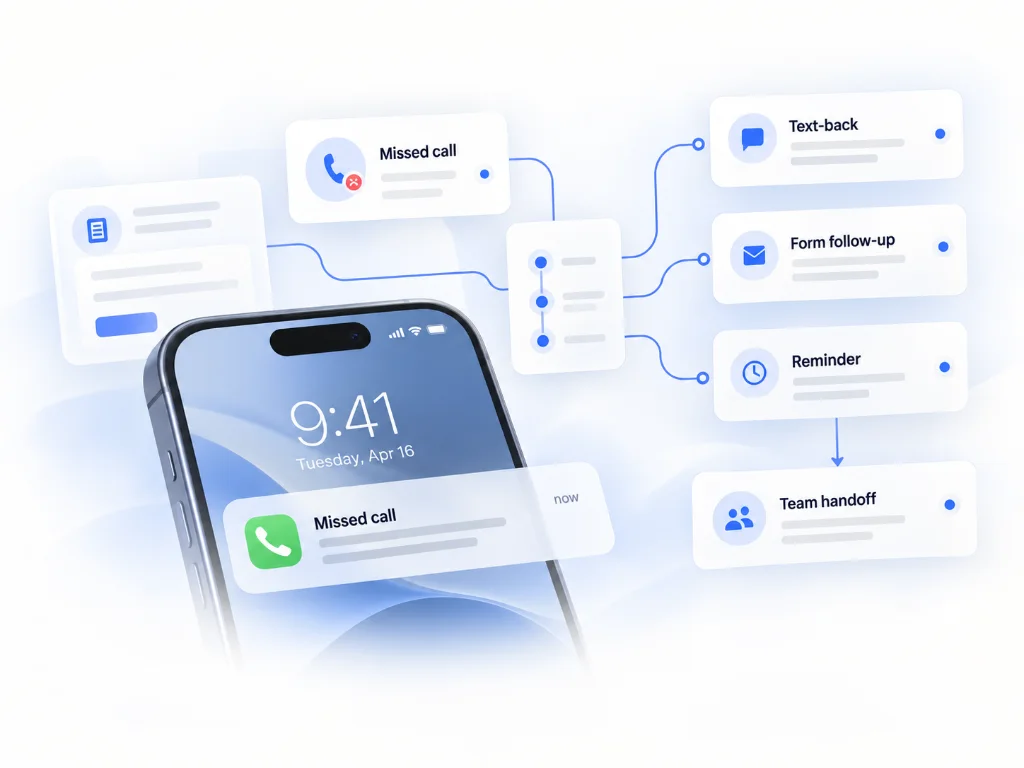 A missed call routed to text-back, form follow-up and reminder steps, then a handoff to the team.