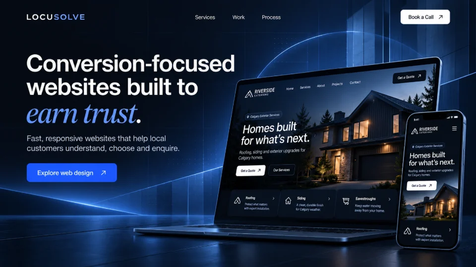 Illustrative web design concept: a responsive website for an example exterior-services business shown on a laptop and a phone.