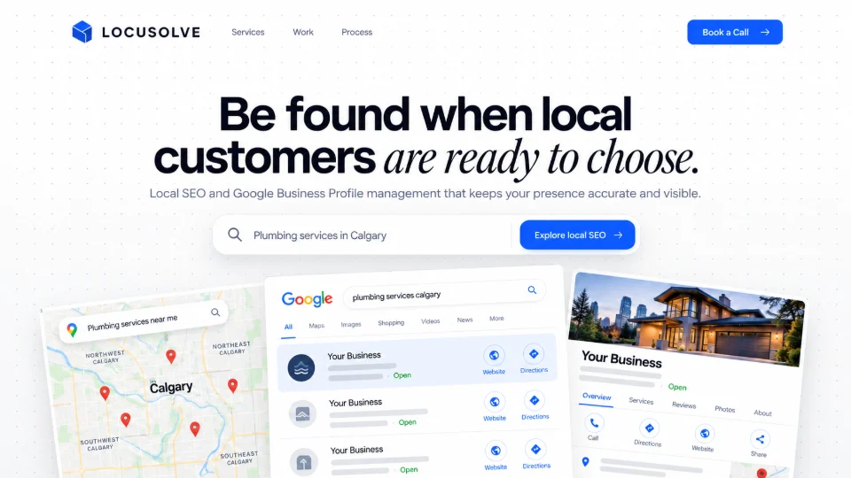 Illustrative local SEO concept: a Calgary map search, local search results and a business profile for a placeholder business.