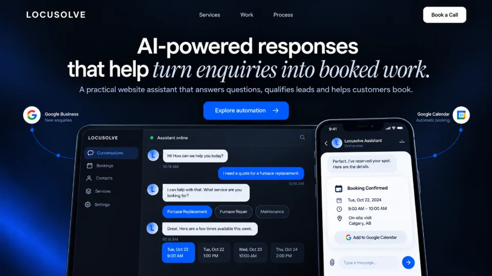 Illustrative AI assistant concept: a website conversation that answers a service question, offers times and confirms a booking.