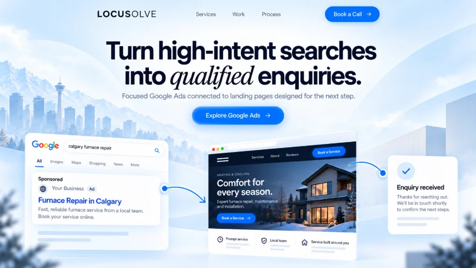 Illustrative Google Ads concept: a sponsored search result leading to a service landing page and an enquiry confirmation.