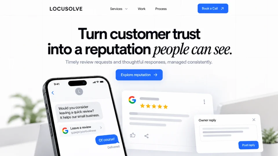 Illustrative reputation concept: a review request text message, a Google review card and an owner reply.