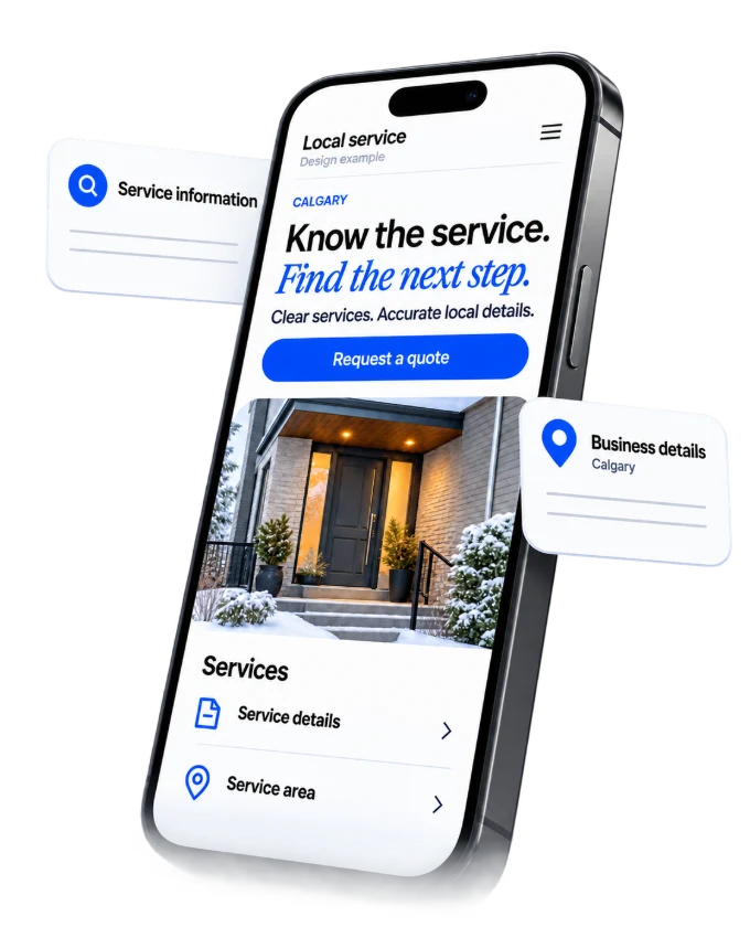 Mobile service website design example with service information and Calgary business-details cards.