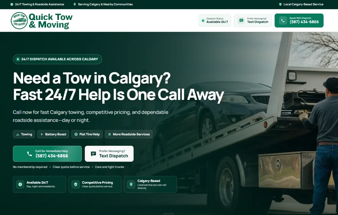 Quick Tow and Moving landing page, designed and built by LOCUSOLVE.