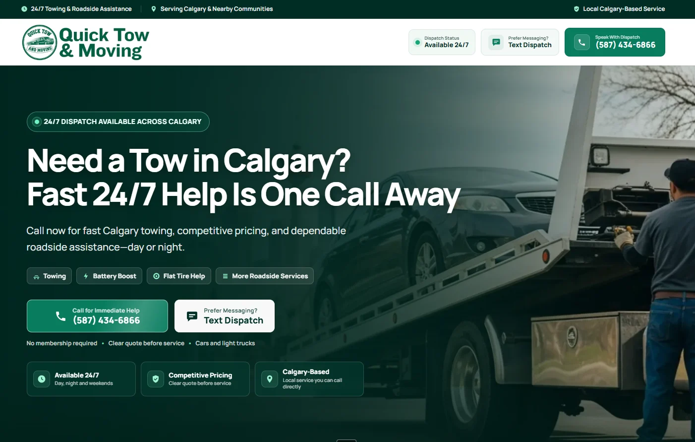 Quick Tow and Moving landing page.