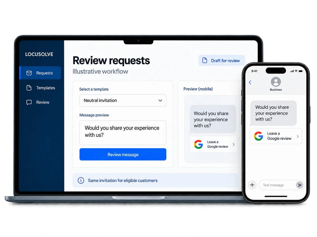 Example of a neutral review invitation with a Google review link on a phone.