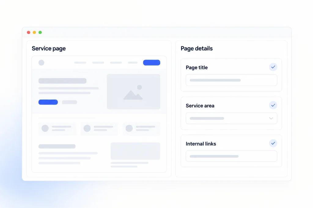 Illustration of a service page beside checked page title, service area and internal link settings.