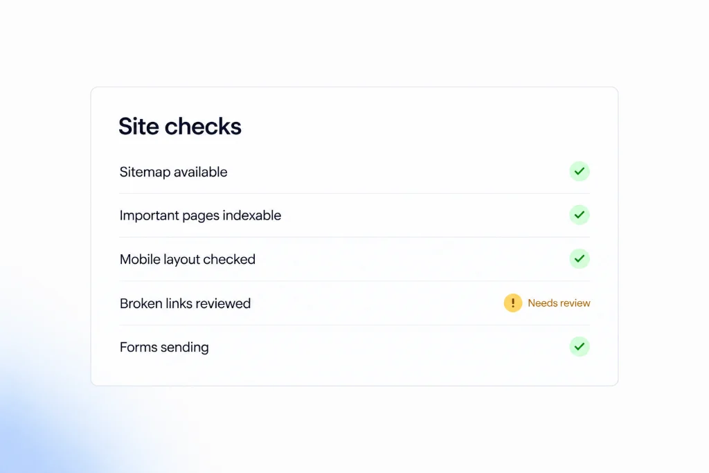 Illustration of a site check list covering sitemap, indexable pages, mobile layout, broken links and forms.