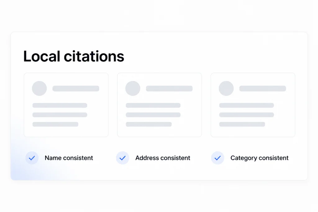 Illustration of local listings with consistent name, address and category.