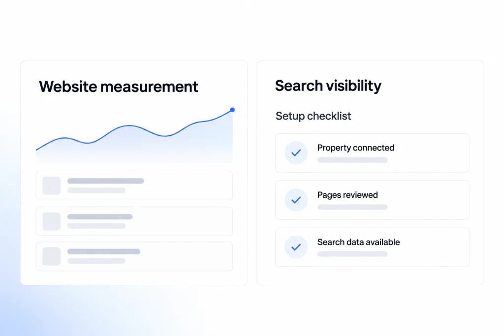 Illustration of a website measurement chart beside a search visibility setup checklist.