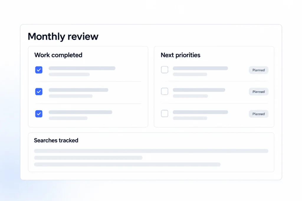 Illustration of a monthly review listing completed work, next priorities and tracked searches.