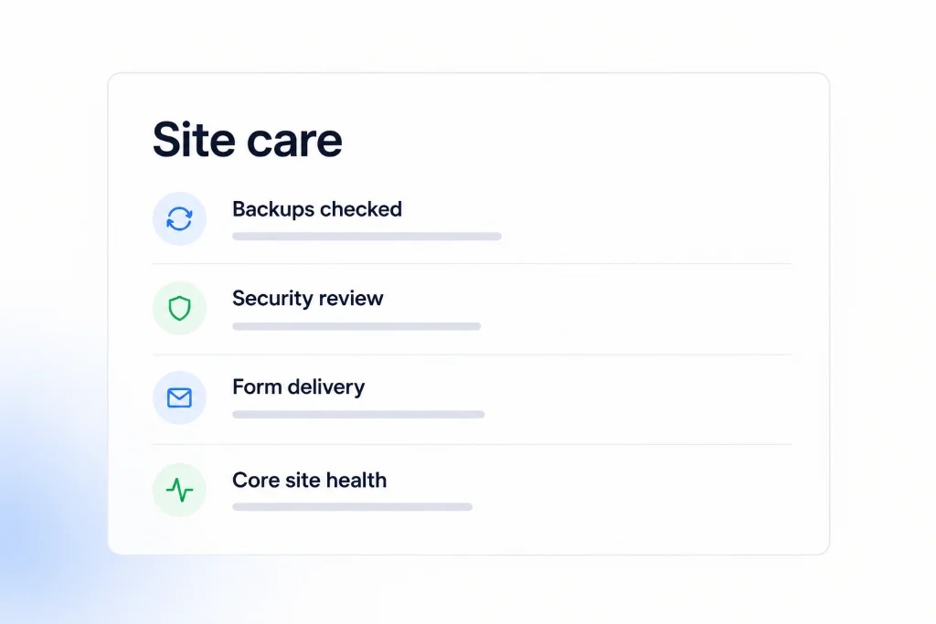 Illustration of site care checks for backups, security, form delivery and site health.