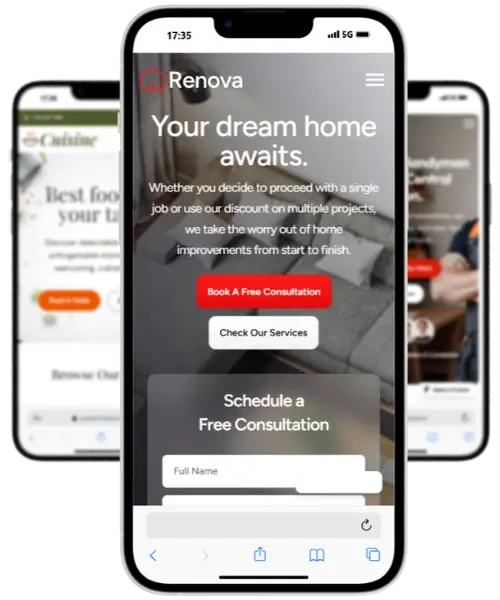 Example mobile website designs shown on three phones, with a booking form on the centre screen.