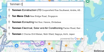 A business name typed into the Place ID Finder search box, with matching businesses listed underneath.