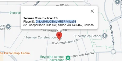 The chosen business on the map with its Place ID shown under its name, ready to copy.