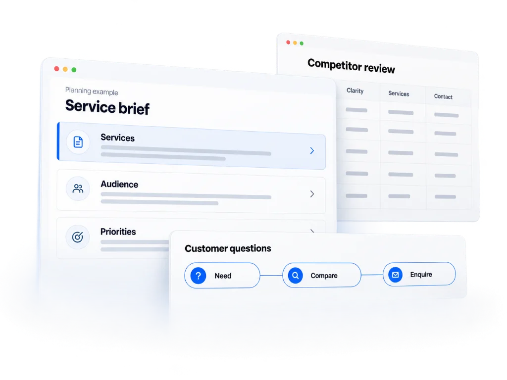 Illustration of a service brief, a competitor review and a list of customer questions.
