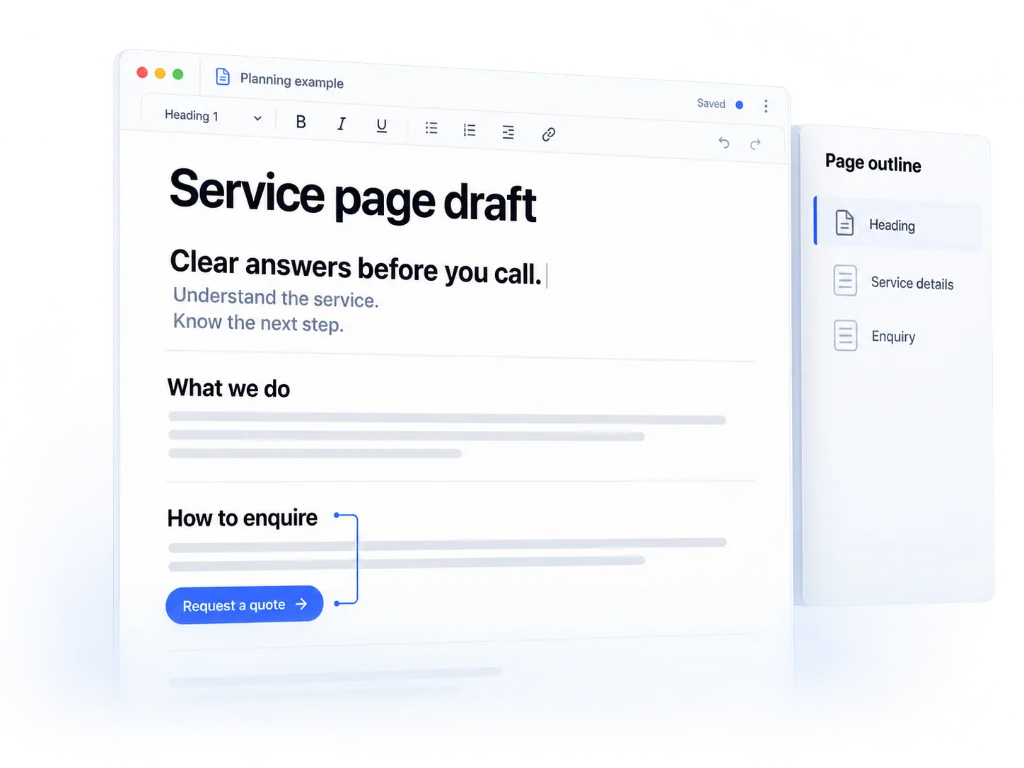 Illustration of a website copy draft in an editor, with headings and a page outline.
