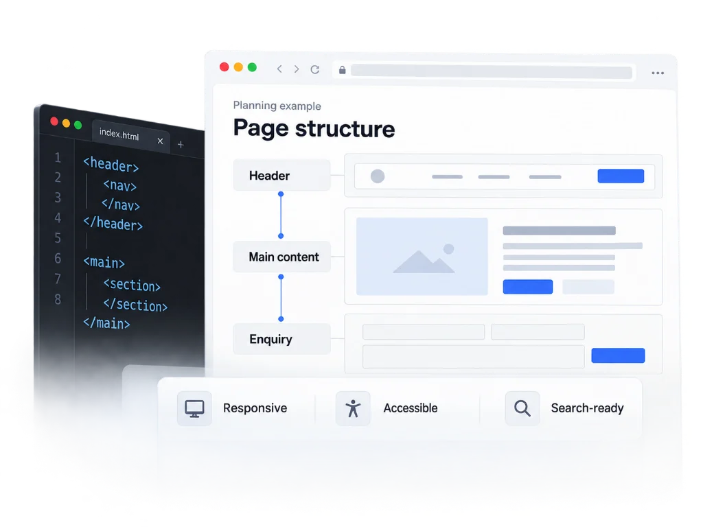 Illustration of a page-structure schematic in front of short HTML code snippets.