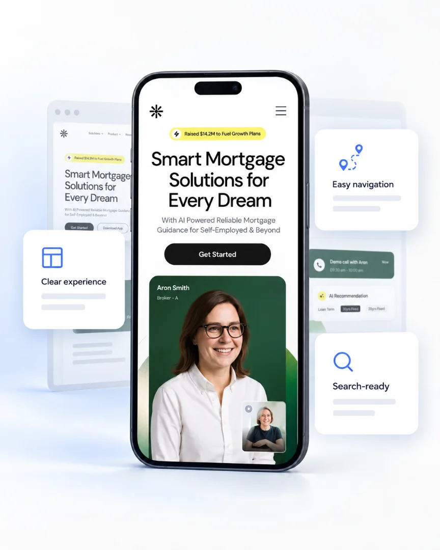 Illustrative example of a mobile website with callouts for a clear experience, easy navigation and search-ready pages.