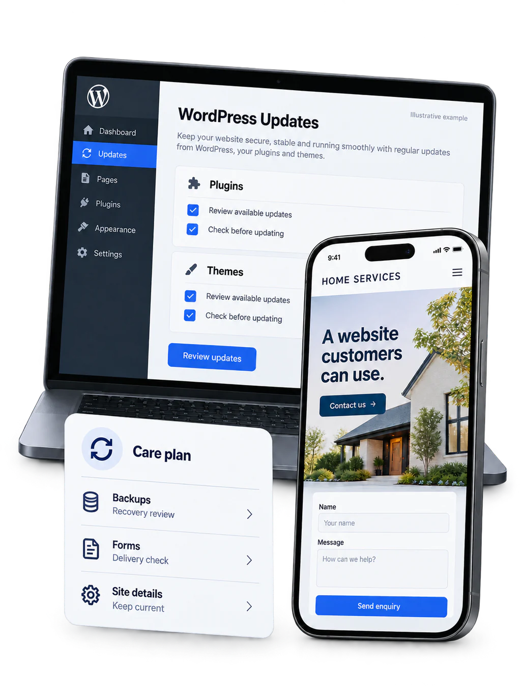 Illustrative WordPress updates screen, care plan checklist and a mobile website enquiry form.