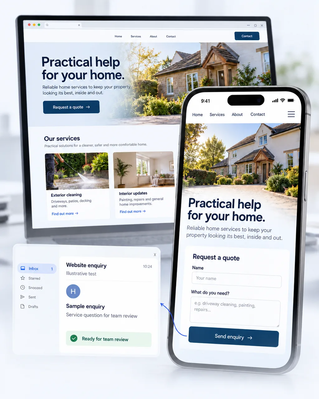 Illustrative responsive service website with a contact form and enquiry email.