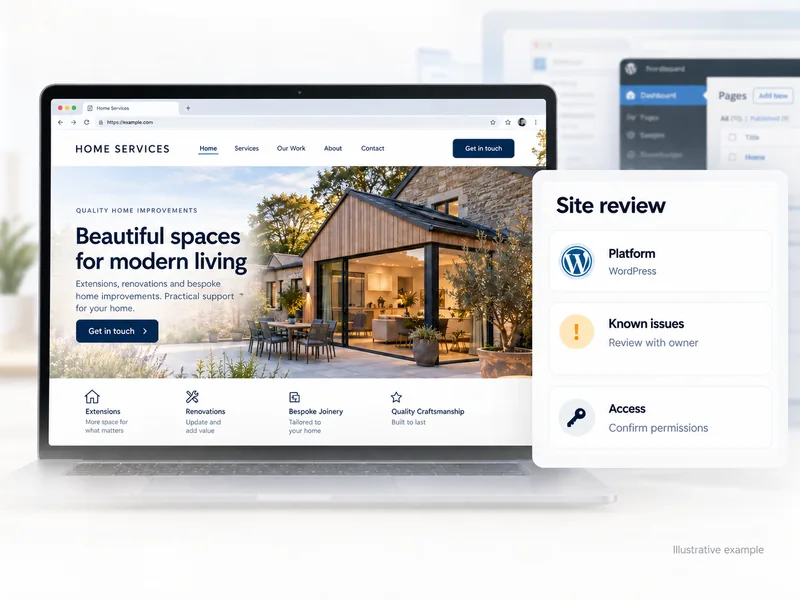 Illustrative website preview beside a platform, known-issues and access review.