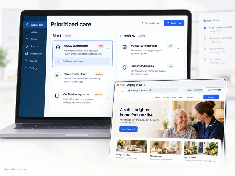 Illustrative website-care queue and staging preview.