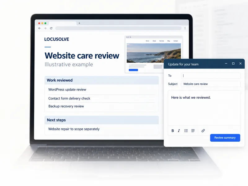 Illustrative website-care review report and email draft.
