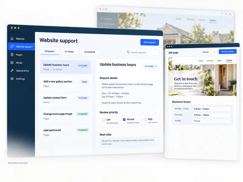 Illustrative support request and business-hours page edit.