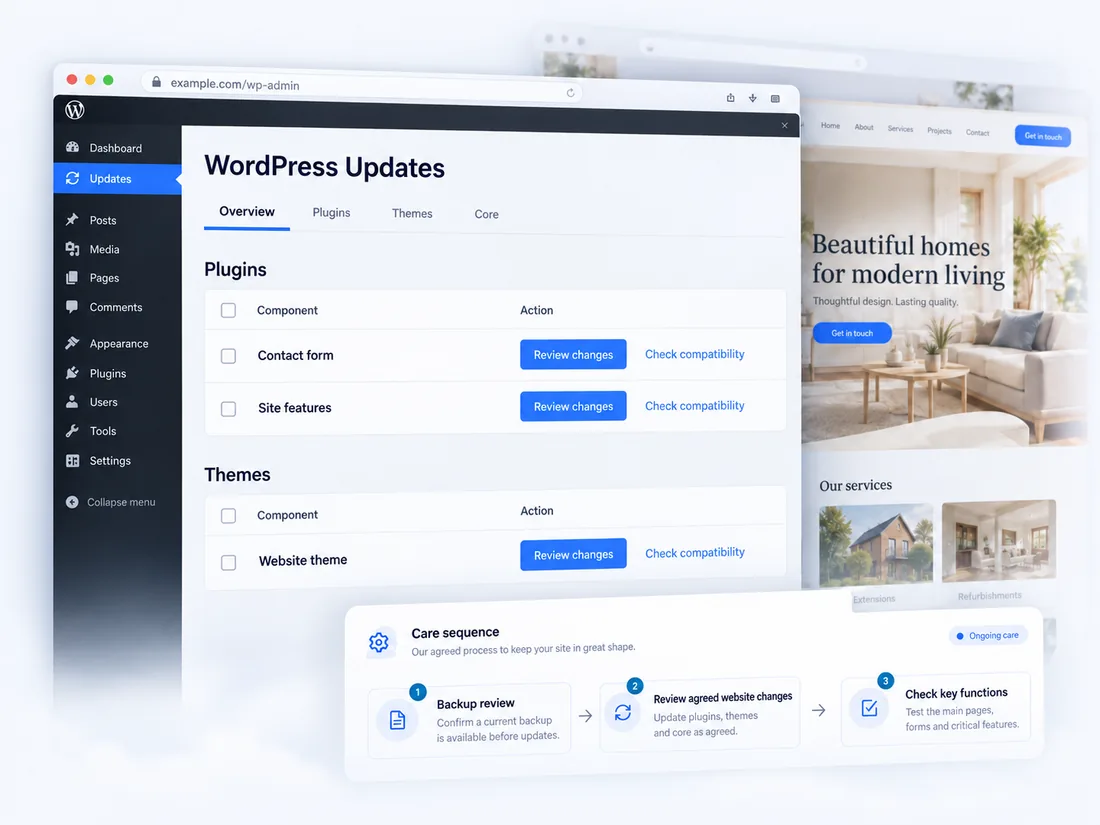 Illustrative WordPress update review with a careful maintenance sequence.