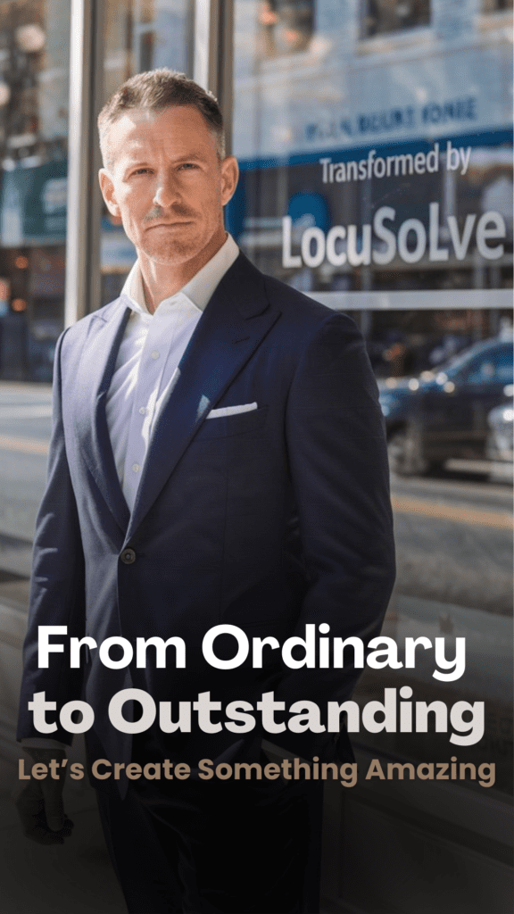 A confident businessman in a navy-blue suit standing outside a modern office, with a reflection of the "LocusSolve" branding in the glass, symbolizing business growth and transformation